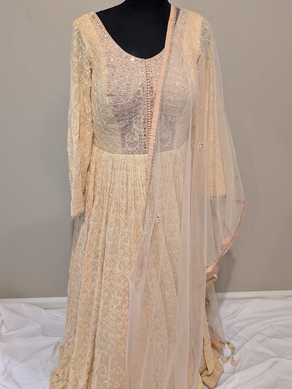 New Elegant Cream Embroidered Women’s Anarkali Dress with Dupatta